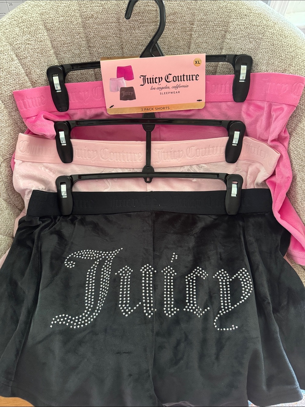 Juicy Couture 3-Pack Velour Lounge Shorts in Hot Pink, Light Pink & Black